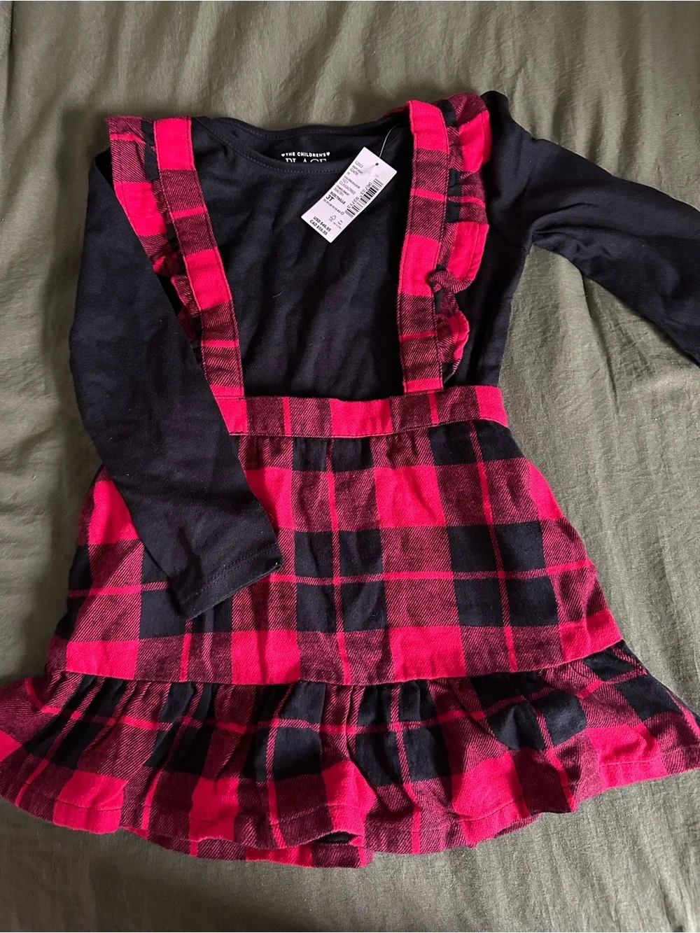 The Children's Place Black Top with Red Plaid Pinafore Dress